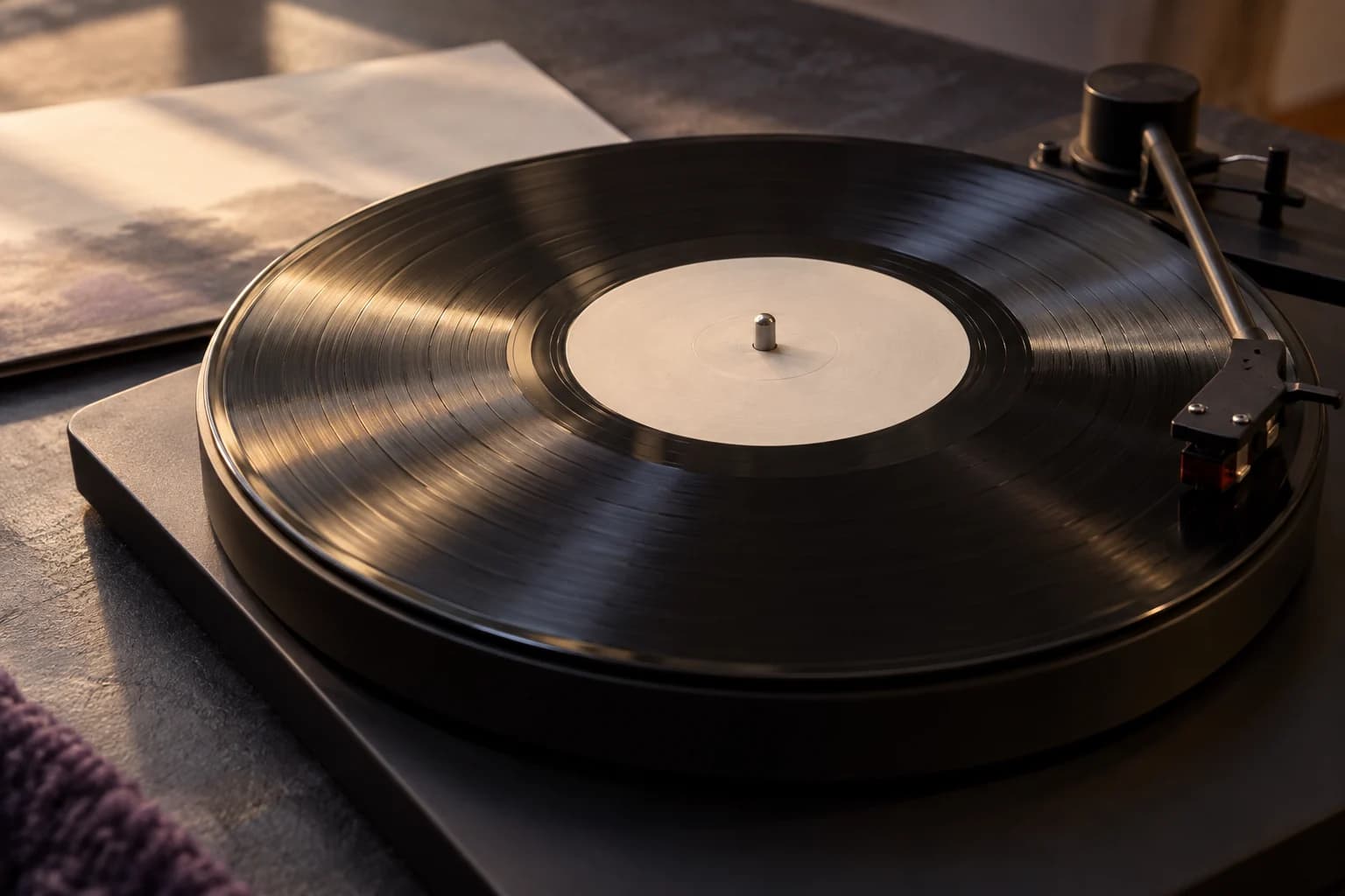Illustrative close-up of a vinyl record on a turntable
